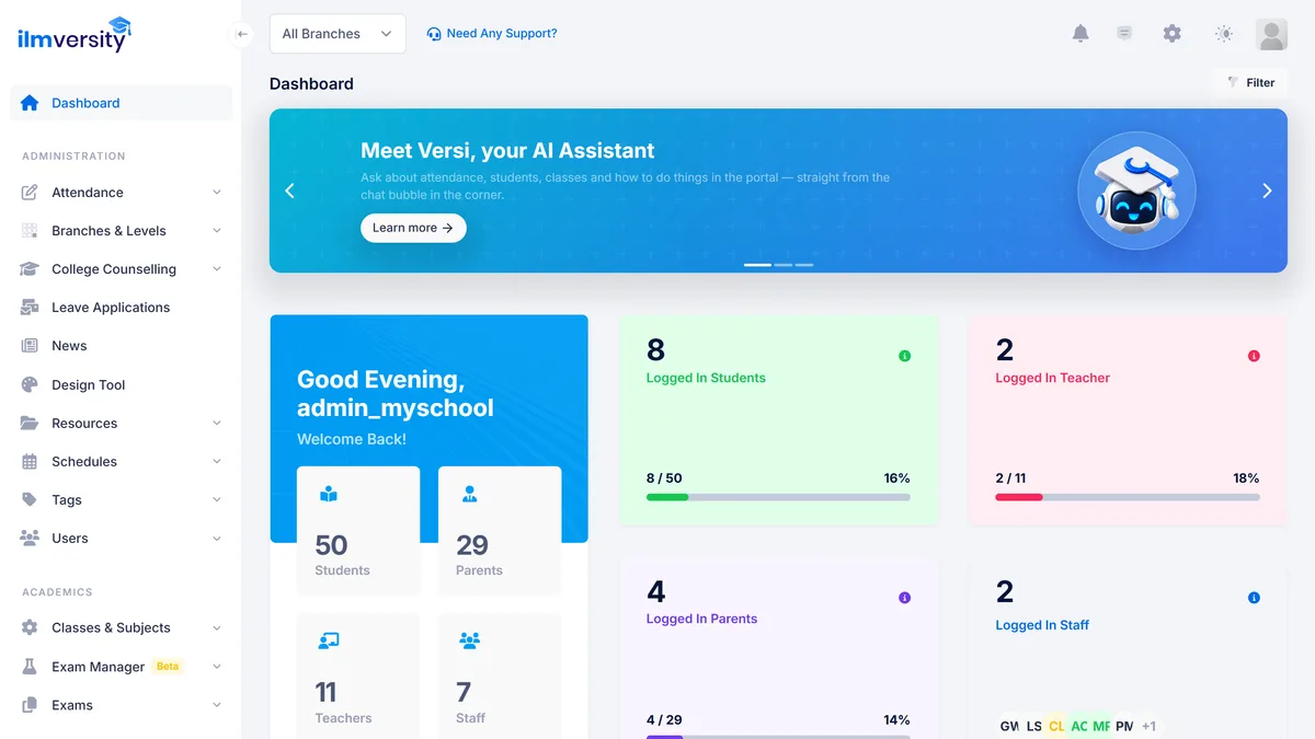 Ilmversity school management dashboard